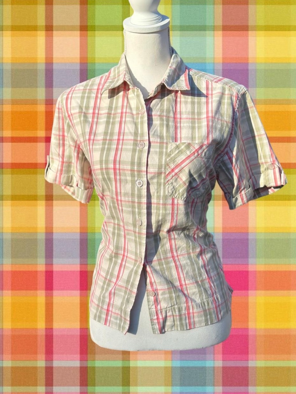 Pink and green plaid button up shirt